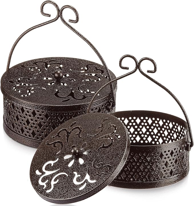 Lallisa 2 Pieces Incense Coil Holder Mosquito Coil Holder Retro Portable Round Metal Hanging Incense Burner Holders with Handle for Home Indoor Outdoor Camping Patio (Bronze Color)