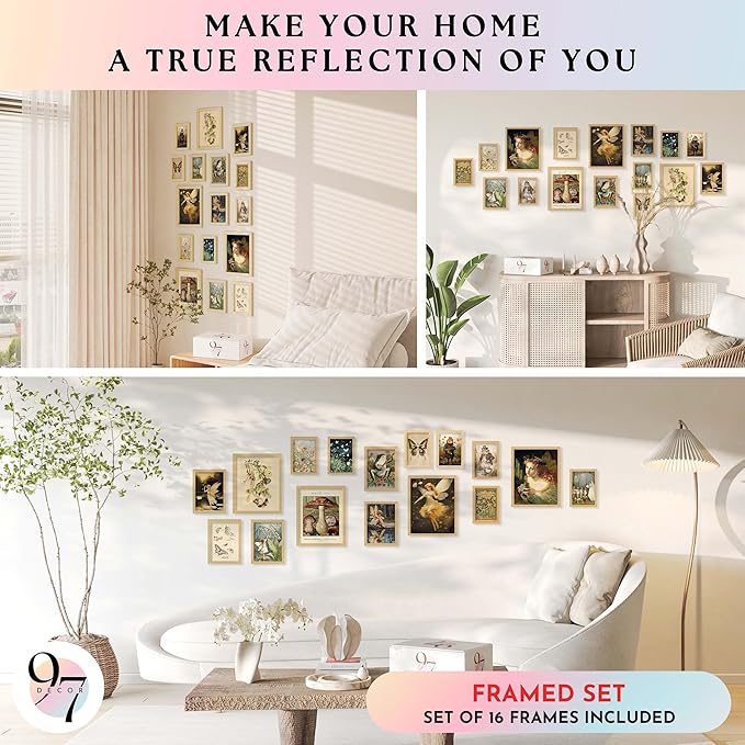 97 Decor FRAMED 16PCS Vintage Fairycore Decor - Fairy Wall Decoration Aesthetic, Cottage Wall Art Fairy Core Posters, Fairy Art Prints Cottagecore Mushroom Pictures, Earthy Fairy Decoration for Bedroom Home (BEIGE FRAME)