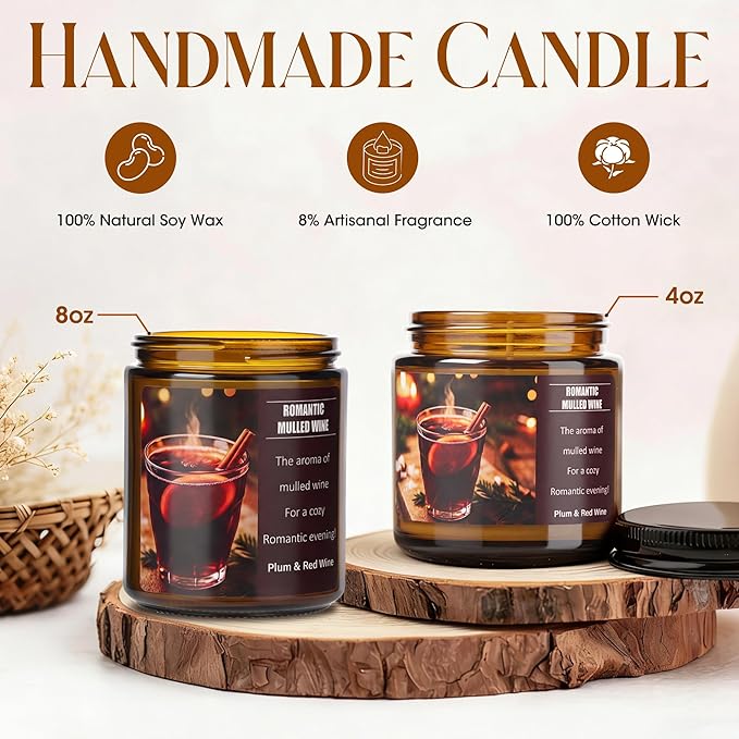 Mulled Wine Plums Candles for Romantic Gifts, 20 Hours Burn Soy Candle Gift for Women Stress Relief, Meditation, Yoga, Relaxing, Natural Soy Wax for Men and Women, 4oz