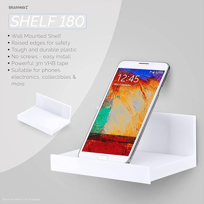 5.4" Adhesive Small Floating Shelf for Speakers, Books, Plants, Cameras, Toys, Decor & More, Screwless Wall Shelves, Easy to Install, By Brainwavz (SHELF180, White)