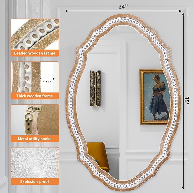 24x35 Inch Wooden Oval Mirror for Wall, Farmhouse Rustic Mirror Decorative for Bathroom Over Sink, Entryway, Living Room, Bedroom (Vertical/Horizontal)