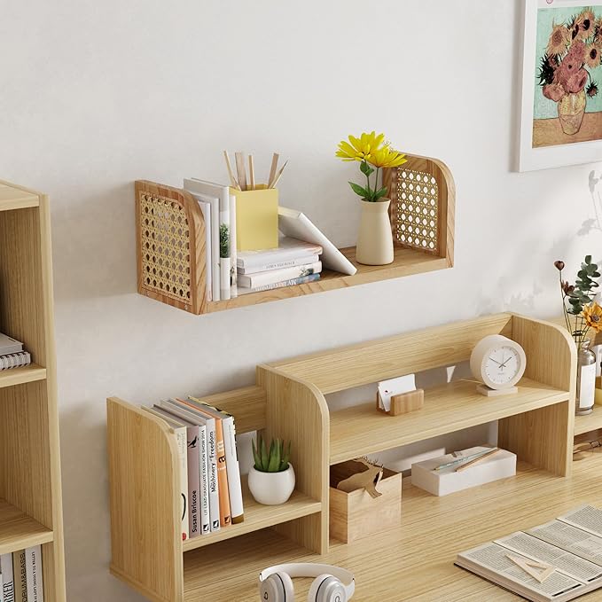 Rattan Wall Shelf, Hanging Book Shelves for Wall, Decorative Shelves for Natural Nursery Decor, Picture Ledge Shelves, Floating Rattan Shelf for Office, Bedroom, Bathroom
