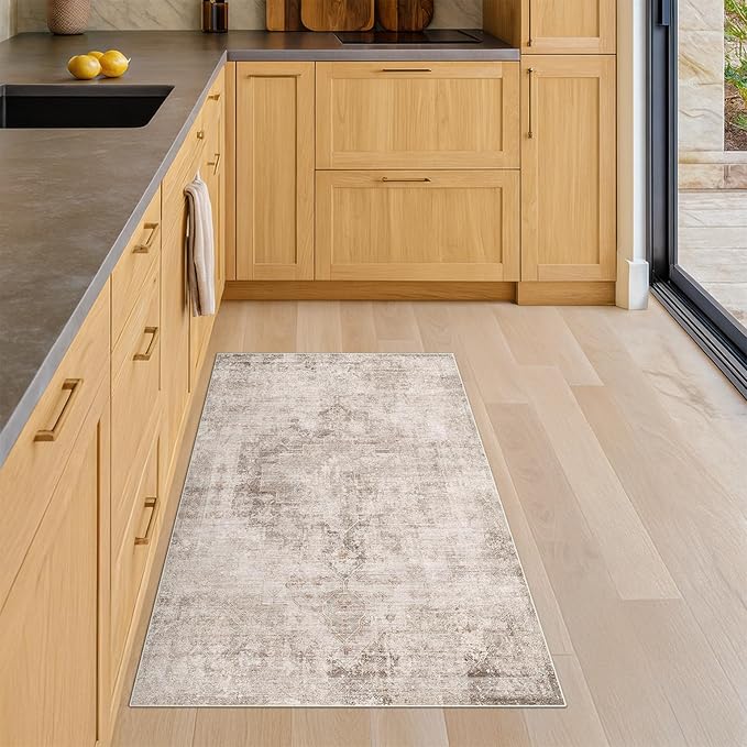 Light Brown 2x4 Runner Rug for Entryway Indoor, Kitchen Floor Waterproof, Bathroom, Powder Room, Washable Non Slip Low Pile Stain & Fade Resistant, Modern Eclectic Tan Décor