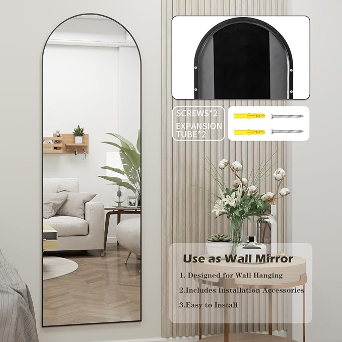 Door Mirror, Arched Full Length Mirror Over The Door, 16"x 50" Hanging or Wall Mirrors, Full Body Mirrors,Black