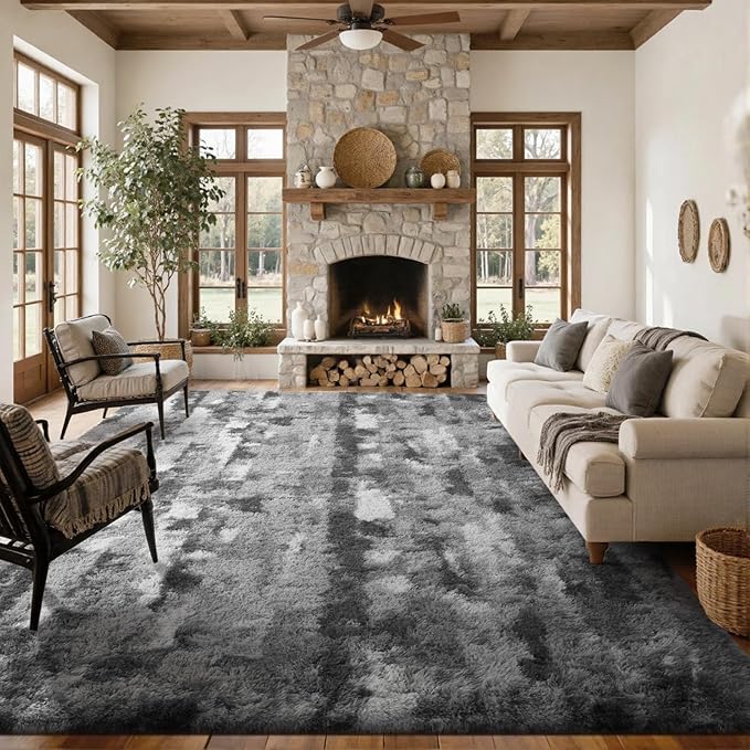 Area Rugs for Living Room 8x10 Feet, Soft Fluffy Shagg Plush Bedroom Rug Non-Slip,Large Carpet for Nursery Kids Dorm Home Decor Grey White