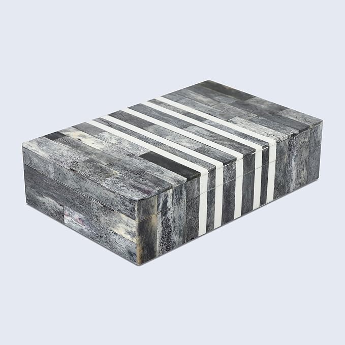 Handicrafts Home Small Decorative Storage Box with Lid, Patisserie Cafe Stripe Pattern Jewelry Keepsake Trinket Box Organizer, Bone Inlay Resin Wooden Coffee Table Dresser Box, Grey & White, 8x5x2
