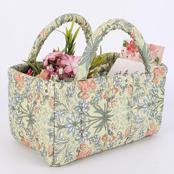 Mini Storage Basket, Small Quilted Boho Fabric Organizer Bin with Handle, Portable Collapsible Basket for Socks, Keys, Diaper