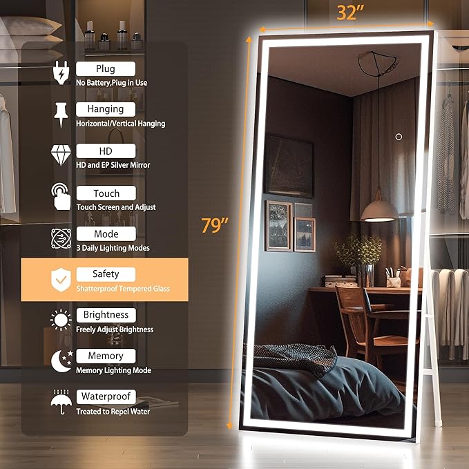 Hasipu Full Length Mirror with Lights, 79" x 32" LED Lighted Floor Standing, Full Body Dressing Hanging Mounted Mirror, Tempered Glass, Square White