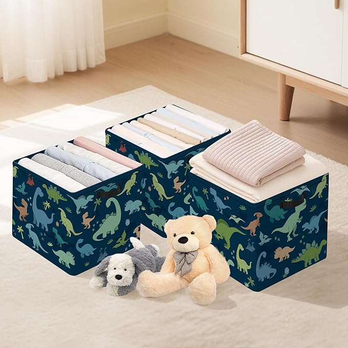 Clastyle 3 Pack 11.8'' Fabric Dinosaur Storage Basket for Shelves Collapsible Closet Organizers with Metal Frame Bottom Board Large Kid Clothes Toy Book Cube Bin for Playroom Bedroom,Watercolor