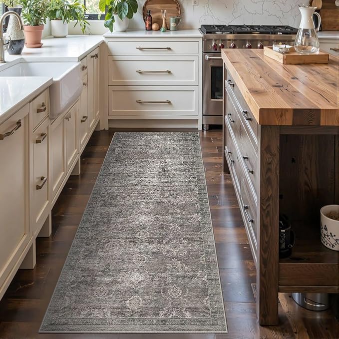 Rugxara 2x5 Runner Rug, Washable Kitchen Rugs, Grey Boho Vintage Floral Hallway Runner, Non Slip Low Pile Area Rug Carpet for Indoor Hallway, Kitchen, Laundry Room and Bathroom(Taupe/Grey 2x5ft)