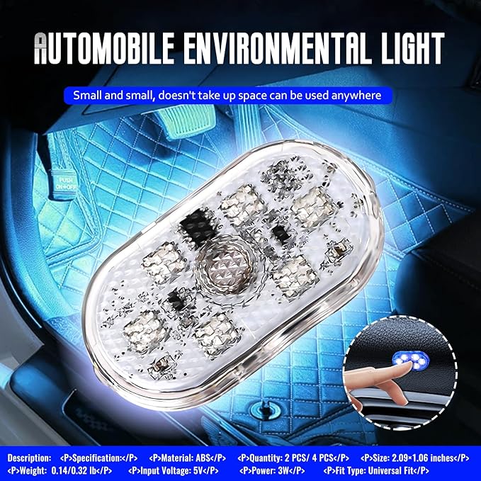 2 PCS Car LED Lights Interior Wireless, Super Bright 7 Colors Auto Interior Ambient Light with 6 Bright LED Lamp Beads, Portable USB Rechargeable Car Led Night Light for Vehicle Decor