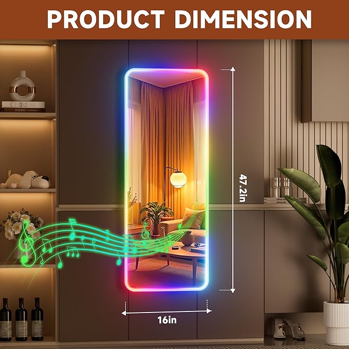 Hasipu 47"x16" LED RGB Door Mirror Full Length with Bluetooth Speaker, Full Body Wall Mirror with Lights, Door Hanging & Wall Mounted Mirror for Bedroom, Living Room, Cloakroom