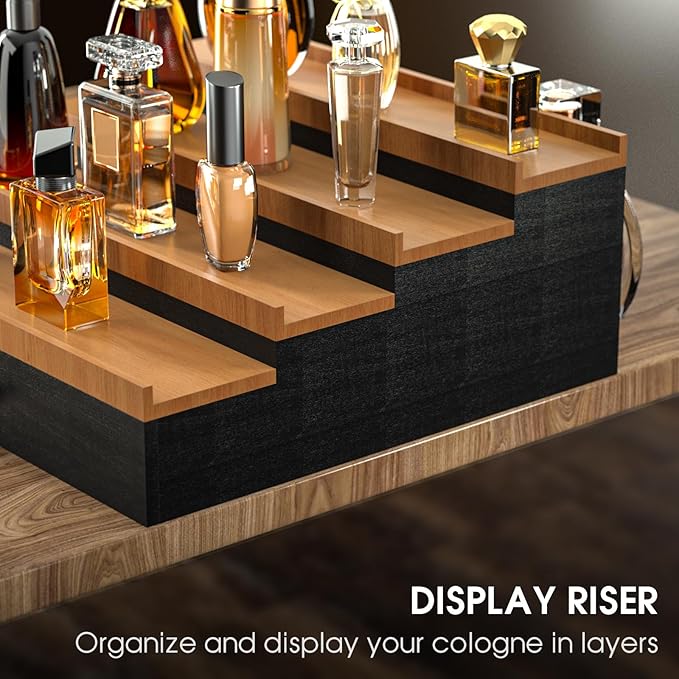 Sephyroth Cologne Organizer for Men 4 Tier of Elevated Cologne Display Shelf with Drawer Storage Perfume Organization and Storage Display Risers,Great Gift for Man(4Tier-BlackWalnut)