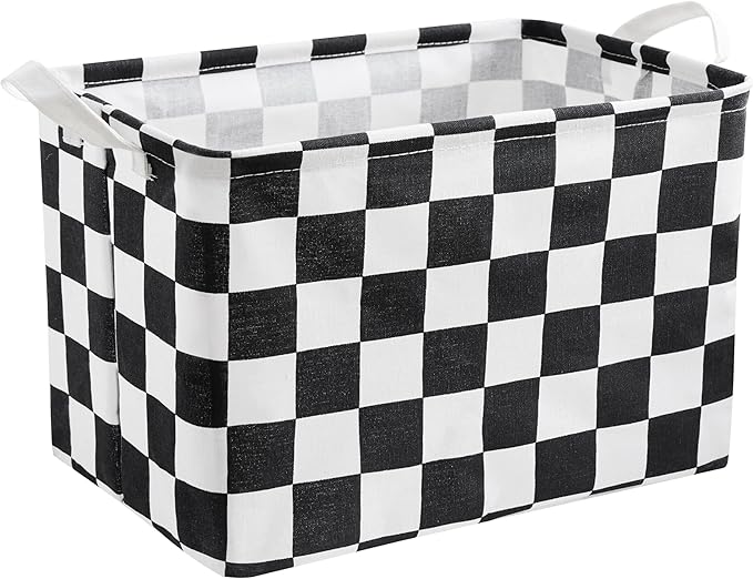 Ohocut Black White Checkered Canvas Basket, Rectangular Organizing Decorative Storage Basket for Kids Dog Toy, Cute Aesthetic Race Cars Boy Room Decor for Home, Kitchen, Bedroom, Classroom, Shelves