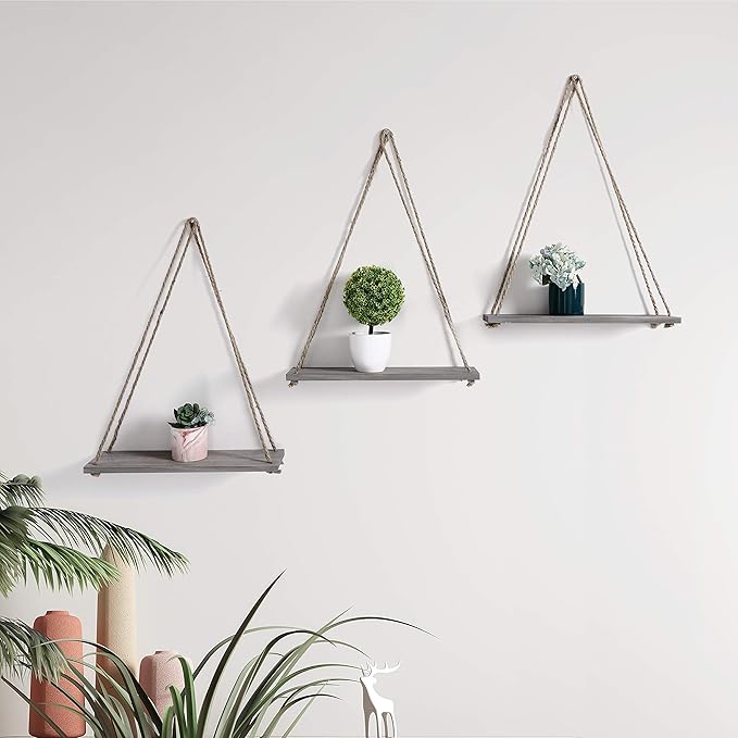 17 x 5 inch Wall Hanging Floating Shelves, Distressed Wood Farmhouse Organizer, Rustic Home Décor for Living Room Bathroom Bedroom Kitchen Apartment, Set of 3, Grey