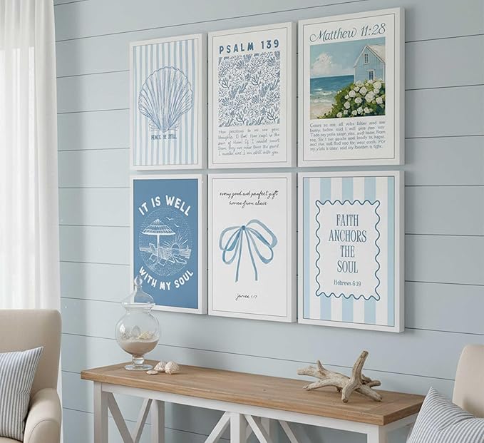 KXIAHTTEN 6pcs Blue Coastal Christian Canvas Wall Art Bible Verses Paintings Pictures Wall Decor Preppy Religion Aesthetics Poster Printing Artwork for Teen Girl Room Dorm Apartment Unframed
