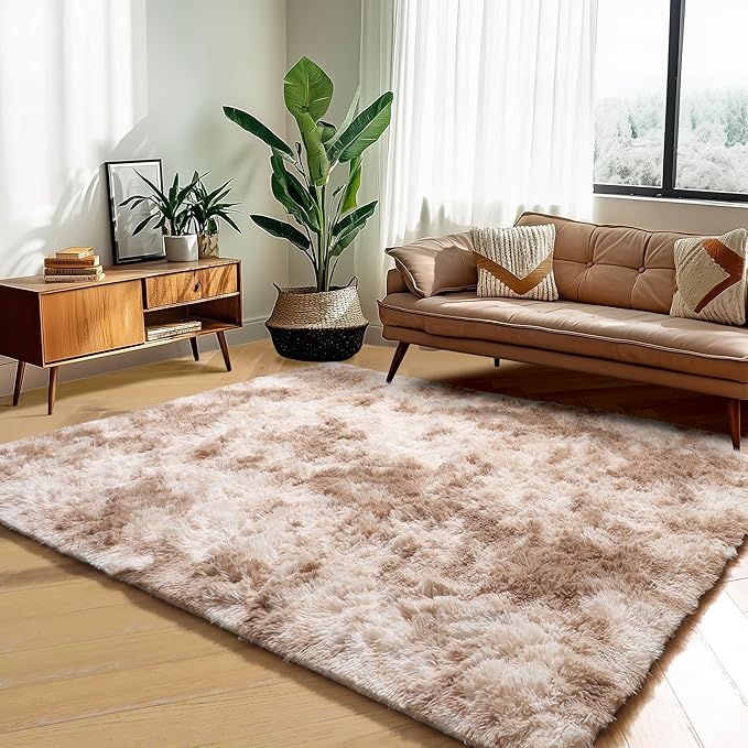 Amdrebio Tie-Dyed Beige Tan Area Rugs for Bedroom Kids Room, 5x7 Cute Fluffy Plush Shaggy Rug for Living Room Decor Aesthetic, Soft Furry Fuzzy Neutral Carpet for Baby Nursery Playroom Preppy Dorm