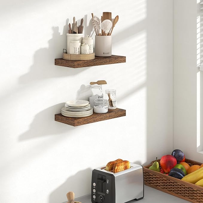 Acovy 16 Inch Floating Shelves, 8 Inch Deep Floating Shelves for Wall, Hanging Shelf with Invisible Brackets, Deep Shelves for Bathroom, Bedroom, Living Room, Brown, Set of 2