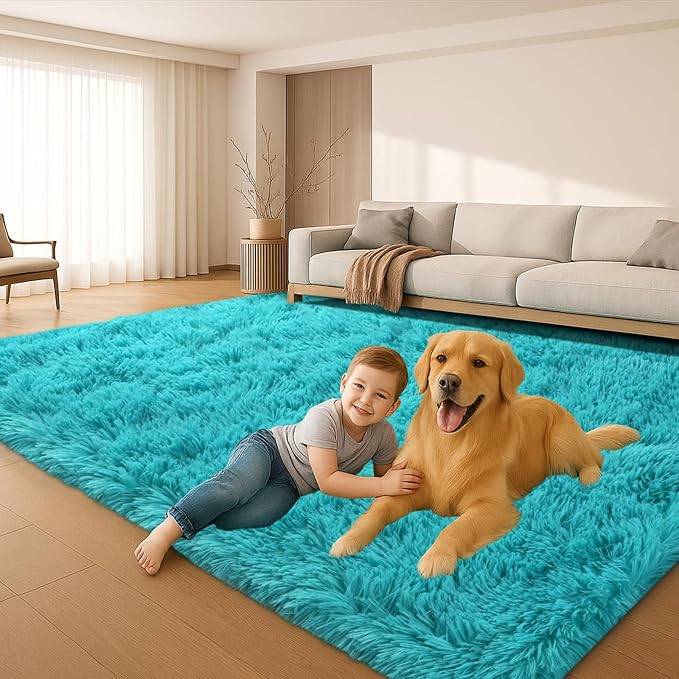 Teal Blue Plush Rug 6x9, Fluffy Shag Carpet Non-Slip, Area Rug for Living Room Bedroom, Modern Soft Rug for Kids Dorm, Hypoallergenic Easy-Clean