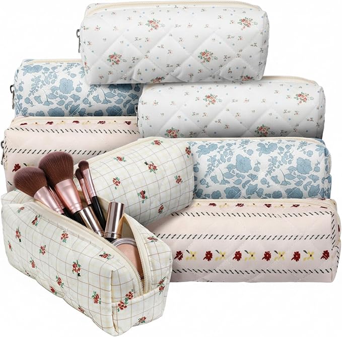 Yalikop 8 Pcs Cute Floral Makeup Bag Cotton Quilted Case Makeup for Women Aesthetic Flowers Storage Cosmetic Bag Pouch Organizer Zipper Brush Holder Box Portable for Office College Travel