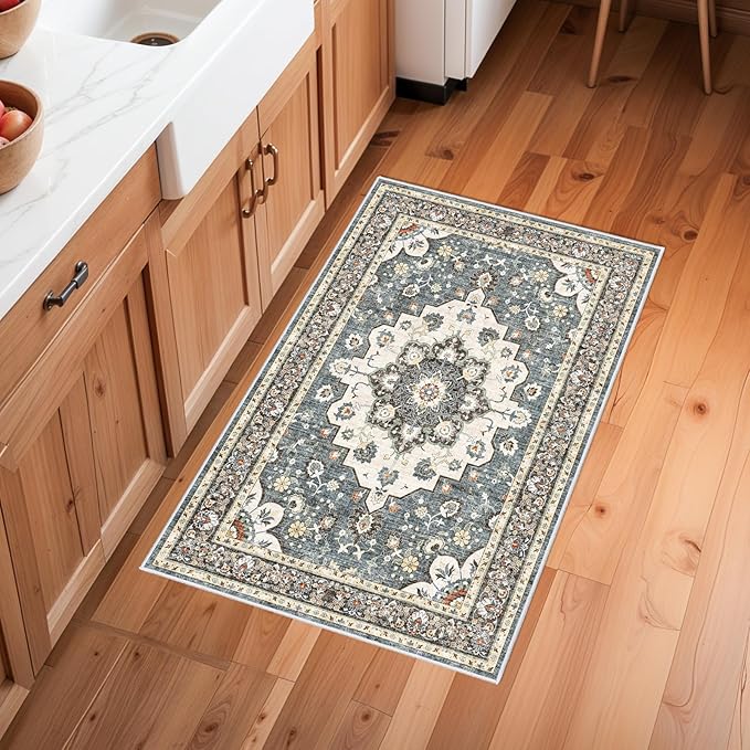 Washable Oriental Area Rug - 2x3 Rugs for Living Room Soft Carpet for Bedroom Waterproof Floral Distressed Indoor Stain Resistant Non-Shedding Floor Carpets (Blue, 2x3)