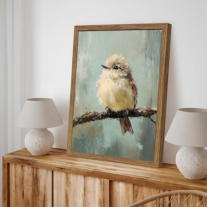 Vintage Framed Bird Wall Art, Rustic Sparrow on Branch Canvas Wall Decor Painting, Cute Bird Animal Artwork Poster Prints Pictures for Living Room Bedroom Bathroom 12x16 Inch