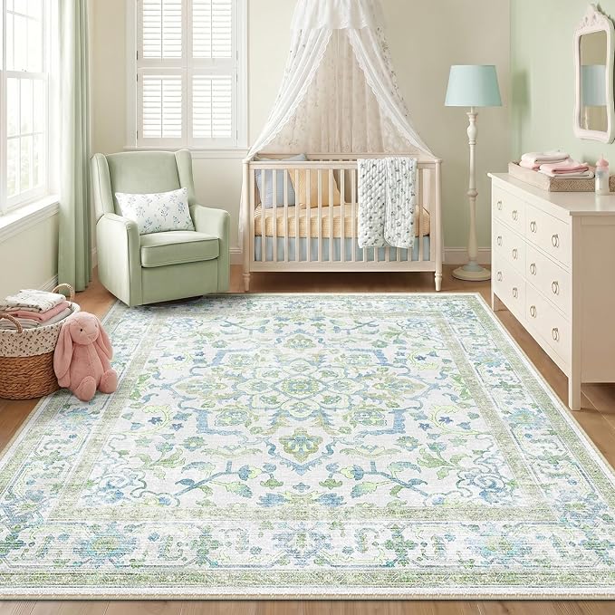 CAPALOCA Machine Washable Rugs Nursery Rug Sq8ft Cute Girl Non Slip Low Pile Water Repellent Soft Print Pattern for Bedroom Indoor Decor Kids Playroom Green Blue