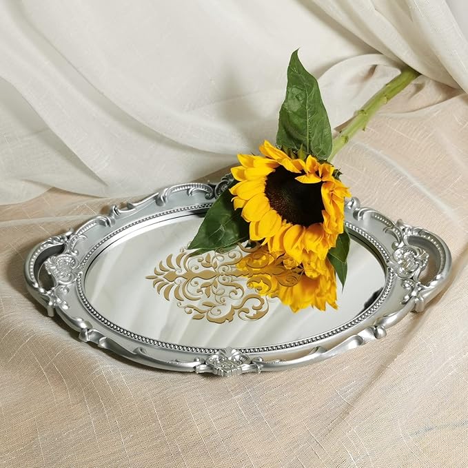 Oval Printed Decorative Mirror Tray, French Style, Mirror, Makeup Organizer, Jewelry Organizer, Serving Tray, 9.8"x 14.6", Silver