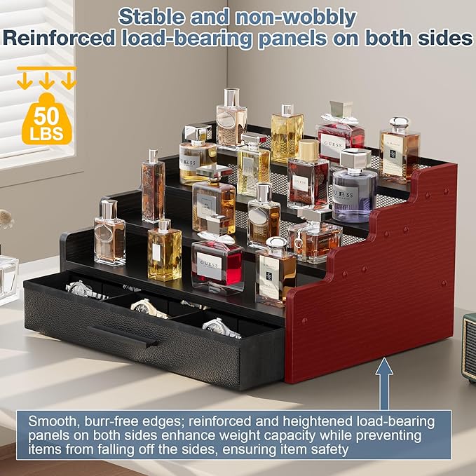 4 Tier Cologne Organizer for Men, Black Wooden Perfume Organizer with Drawer Storage, Perfume Display Shelf for Cologne, Watch, Grooming and Figures, Perfect Birthday/Easter Gift for Lovers & Fathers