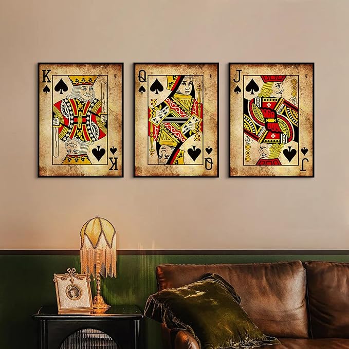 Playing Card Wall Art Poster Vintage Poker Canvas Wall Decor Retro Game Room Art Picture Joker King Queen Poster Trendy Retro Prints Vintage Poker Painting Artwork for Bedroom 12x16 Inch Unframed 3Pcs