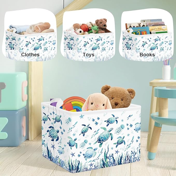 Sea Animals Laundry Hamper Ocean Fish Coral Large Storage Basket Parents Organizer Kids Clothes Toy Bins for Bedroom, Bathroom, Blue Turtles, 36L