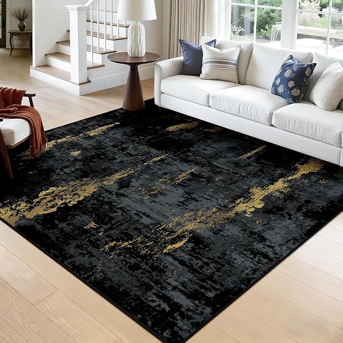 RELEANY Washable Area Rugs Square 8ft Non-Slip Modern Abstract Soft for Living Room Entryway Bedroom Nursery, Print Pattern, Dark Black Gold