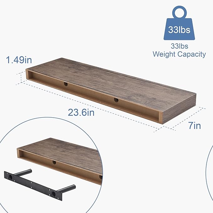 Floating Shelves for Wall, Bathroom Shelves Over Toilet, Wall Shelves & Book Shelf for Room, Hanging Shelf, Modern Wooden Mounted Floating Shelves, 24x7x1.5 in (Smoke Gray, Set of 3)