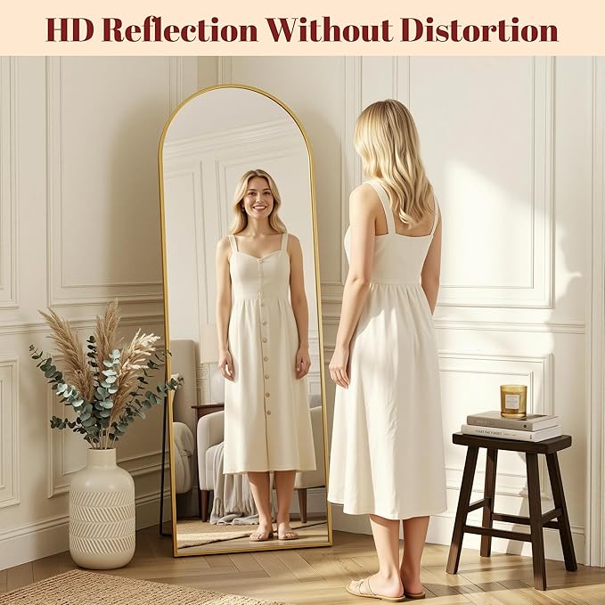 Suidia 68"x26" Arched Full Length Mirror with Stand, Full Body Mirror with Aluminum Frame, Freestanding/Leaning/Wall-Mounted, Floor Mirrors for Bedroom, Living Room, Entryway, Dressing Room, Gold