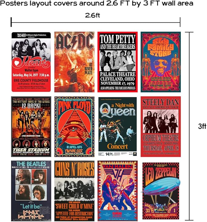 Woonkit Vintage Rock Band Posters for Room Aesthetic, 70s 80s 90s Retro Music Room Wall Bedroom Decor Art, Vintage Rock Concert Poster Wall Collage, Old Music Album Cover Prints (12 SET B, 7.8X11.8 INCH)