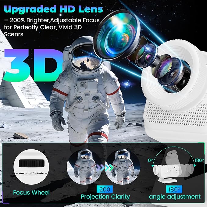 3D Galaxy Projector with Bluetooth Speaker, 60 HD Themes, 4-in-1 Night Light with Remote & Timer, Adjustable Focus for Ceiling Bedroom, Kids Room Party Gifts for Adults & Kids