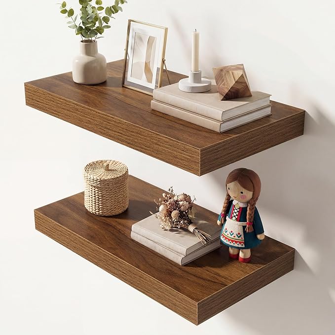 Dreamland 16 Inches Floating Shelves for Wall, 9.3" Deep Long Floating Shelves Set of 2, Large Display & Storage Shelf, Wall Shelf for Bathroom Bedroom Living Room Kitchen Office, Walnut