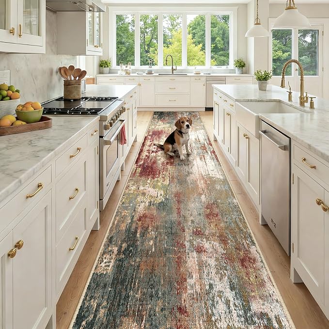 RELEANY Washable Area Rugs 3x12 Non-Slip Modern Abstract Soft for Living Room Entryway Bedroom Nursery, Print Pattern, Brown Rust Red Green Blue Multi