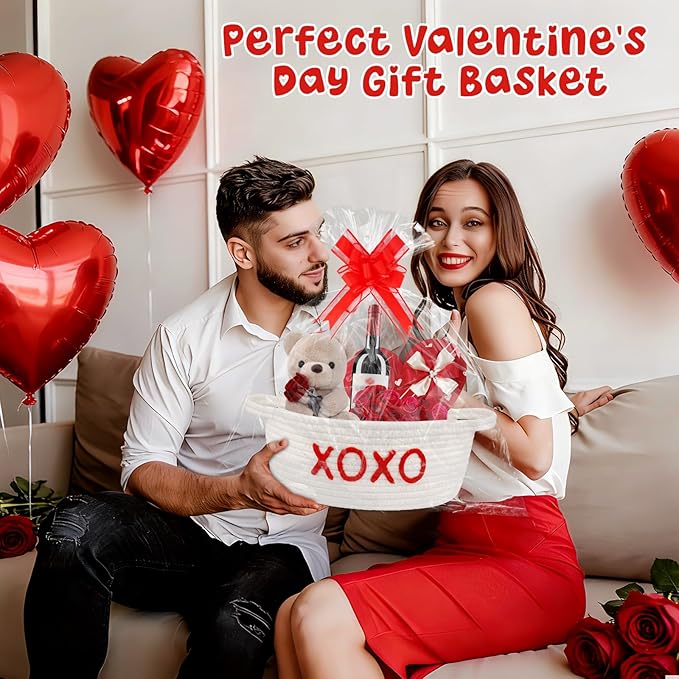 Woven Valentines Baskets for Gifts Empty with Ribbons Bow Tie and Bag, Gift Empty Decorative Box, Woven Rope Basket Storage for Gifts with Handles Home Decor (XOXO) 11" x7"x4.7"