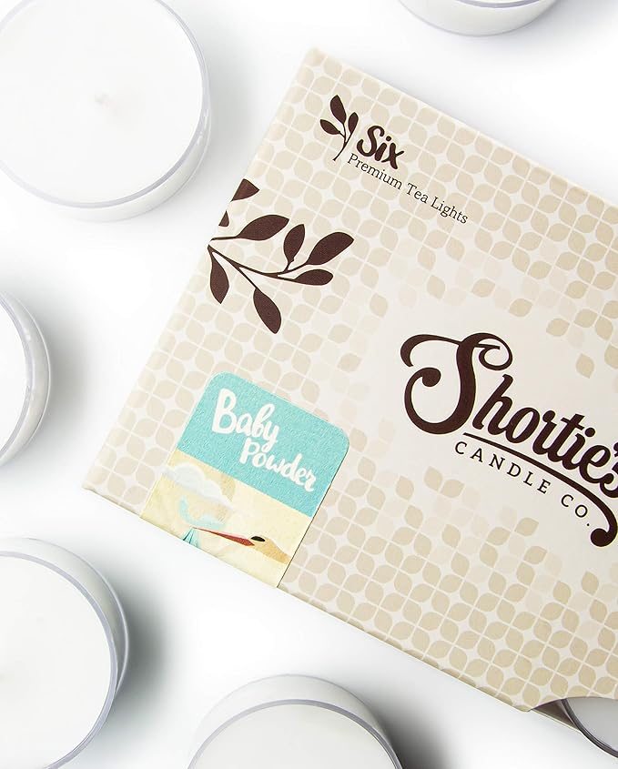 Shortie's Candle Company Baby Powder Premium Tealight Candles - Highly Scented with Essential & Natural Oils - 6 White Tea Lights - Beautiful Candlelight - Made in the USA - Fresh & Clean Collection