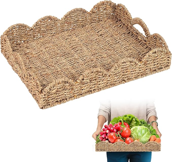 Scalloped Seagrass Tray, Hand-Woven Wicker Storage Baskets with Scalloped Edge and Handles (17x13x3in) Rectangular Handwoven Trays, Seagrass Basket for with Built-in Handles (Dark Brown)
