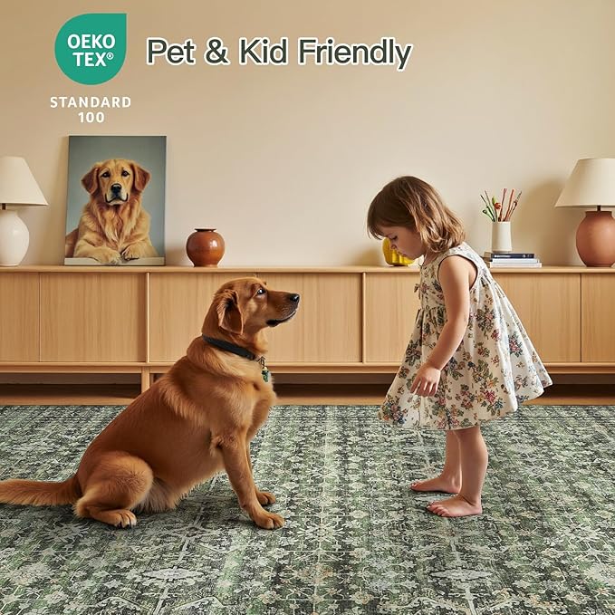 Lofus 7x10 Area Rug for Living Room,Green Washable Area Rugs with Non-Slip Backing,Soft Boho Carpets for Bedroom Dining Room Home Office Indoor Nursery