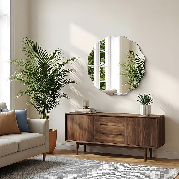 CILIBER Frameless Wavy Round Mirror, 30'' Scalloped Circle Wall Mirror, 3mm Tempered Glass Decorative Bathroom Vanity Mirror, Mounting/Leaning for Mantel, Living Room, Bedroom and Entryway