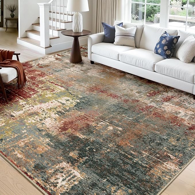 RELEANY Washable Area Rugs Square 10ft Non-Slip Modern Abstract Soft for Living Room Entryway Bedroom Nursery, Print Pattern, Brown Rust Red Green Blue Multi