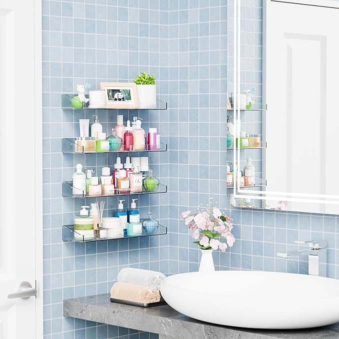 Yieach Clear Acrylic Shelves for Wall with Adhesive,4 Pack 15" Floating Shelves for Bedroom,Room or Bathroom Wall Organizer,Wall Storage & Display Shelf for Funko Pop,Lego,Action Figures,Perfume Shelf