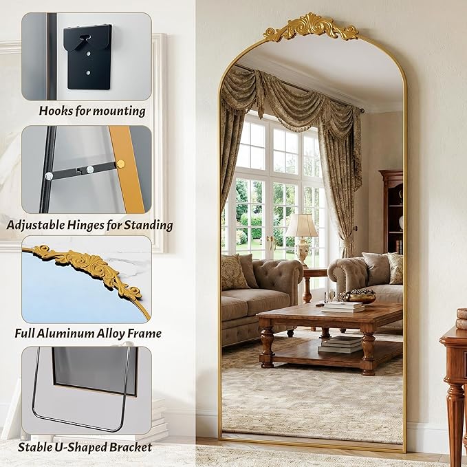 Vintage Full Length Mirror,76"x34" Arched Antique Floor Mirror with Carved Metal Frame,Large Standing Wall Mounted or Leaning Mirror for Bedroom Living Room Entryway,Gold