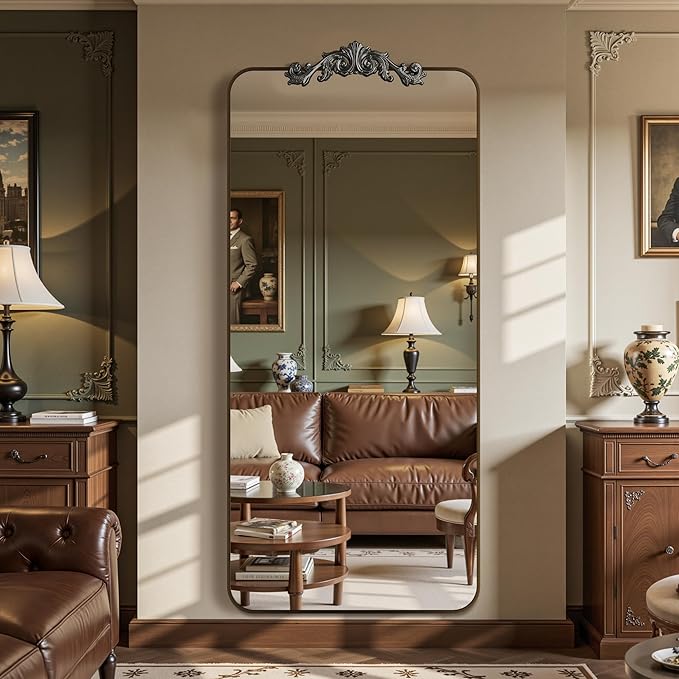 Vintage Full Length Mirror, 71"x32" Floor Mirror with Carved, Full Body Mirrors for Home Decor, Standing/Hanging Large Wall Mirrors for Bedroom/Living Room/Entryway, Bronze, Retro Style