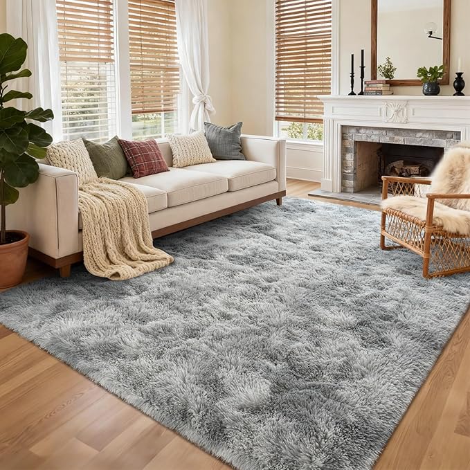 5x7 Ft Shag Area Rug for Bedroom, Tie Dyed Ultra Soft Fluffy Furry Rugs for Living Room Indoor Floor, Aesthetic Carpet for Kids Home Decor (Grey)