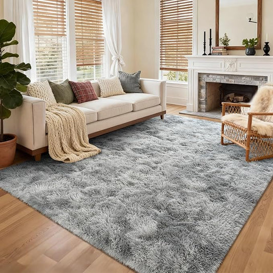 5x7 Ft Shag Area Rug for Bedroom, Tie Dyed Ultra Soft Fluffy Furry Rugs for Living Room Indoor Floor, Aesthetic Carpet for Kids Home Decor (Grey)
