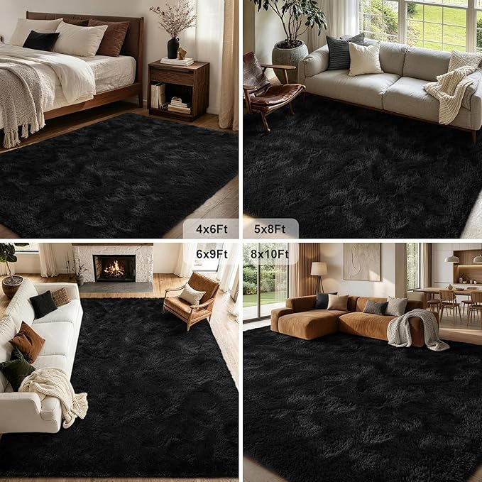 FinRèc 6x9 Feet Black Rugs for Bedroom Living Room, Plush Shag Area Rug, Non-Slip Fluffy Furry Rug for Nursery Kids Room Dorm Room Home Decor, Indoor Shaggy Floor Carpet